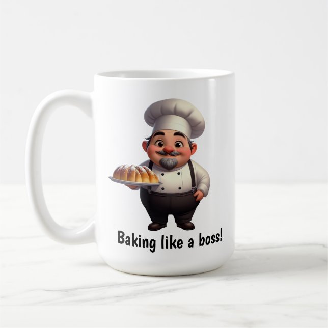 A Lycklig Pastry Chef Posing för kameran Kaffemugg (Vänster)