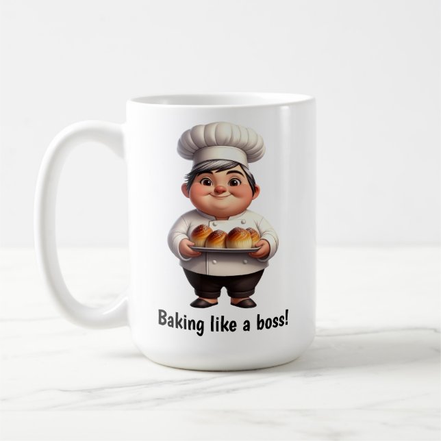 A Lycklig Pastry Chef Posing för kameran Kaffemugg (Vänster)