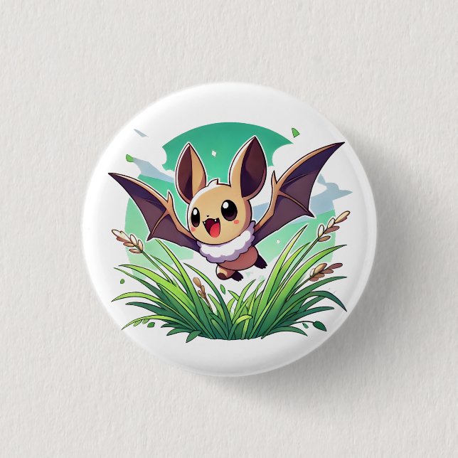 A lycklig, som flyger fladdermus i fält på gräs knapp (Framsida)