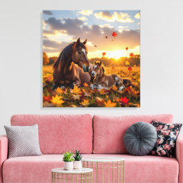 A Mama Horse and her Foal in Autumn Canvastryck