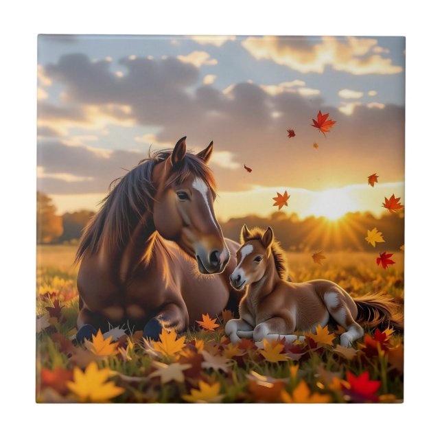 A Mama Horse and her Foal in Autumn Kakelplatta (Framsidan)