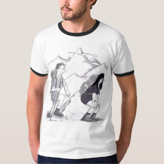 A Man and Woman Hiking with Backpacks Up Mountain T Shirt