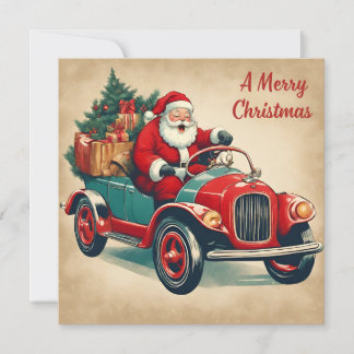 A Merry Christmas Vintage Santa in Red Car  Julkort