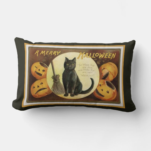 A Merry Halloween Black Cat and Pumpkins Black Lumbarkudde (Framsida)