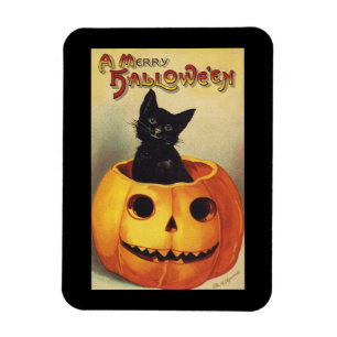 A Merry Halloween, Vintage Black Cat i Pumpkin Magnet
