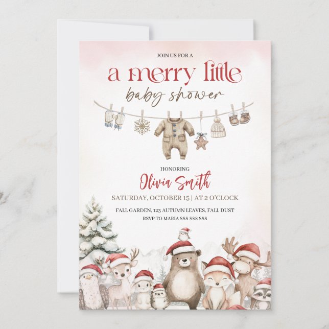 A merry little clothesline woodland baby shower inbjudningar (Framsida)
