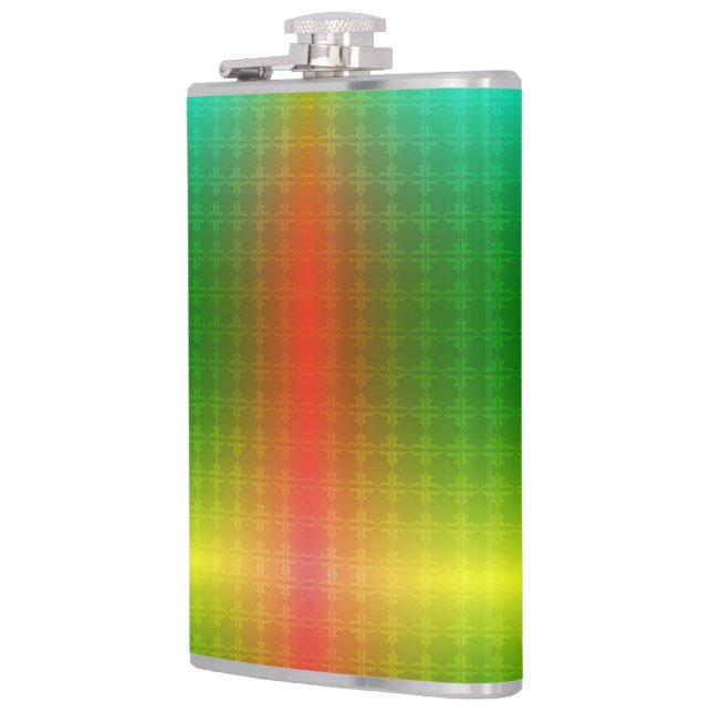 A metallic flask with a gradient green to yellow  fickplunta (Vänster)