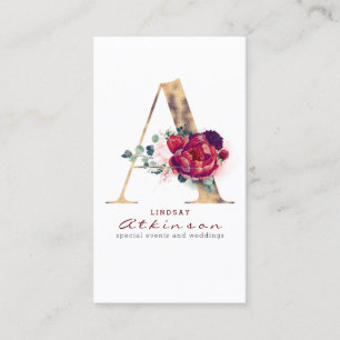 A Monogram Burgundy Red Flowers och Faux Guld Visitkort