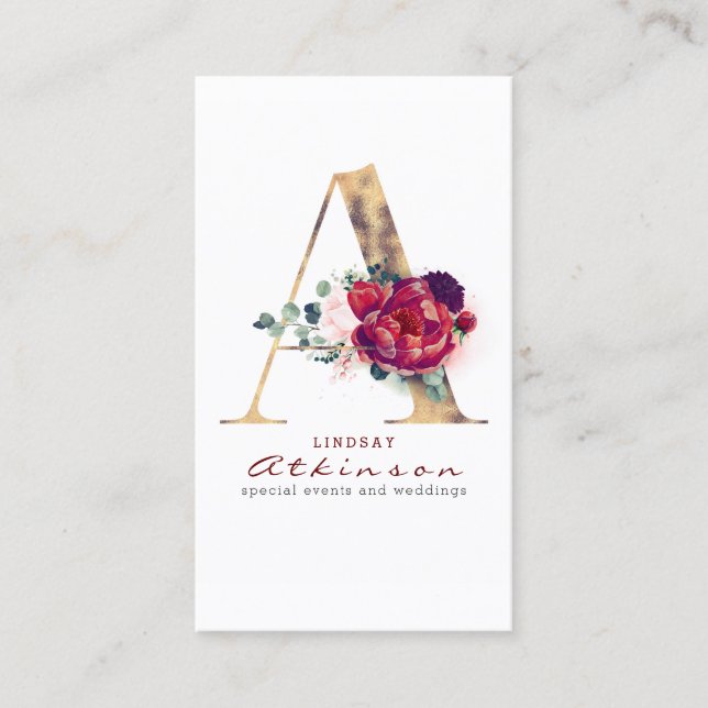 A Monogram Burgundy Red Flowers och Faux Guld Visitkort (Framsida)
