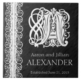 A Monogram "White Snöre on Black" Bröllop Tile Kakelplatta