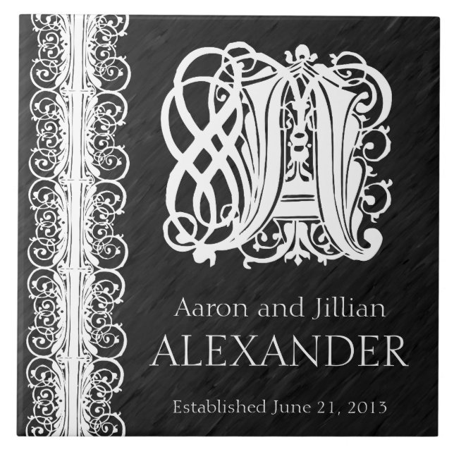 A Monogram "White Snöre on Black" Bröllop Tile Kakelplatta (Framsidan)