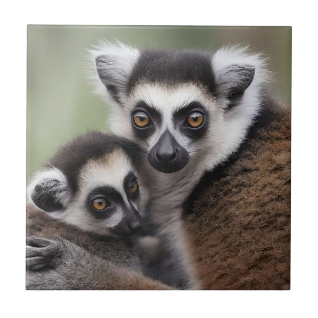 **"A Mor Kärlek: Mummy och Baby Lemur Cuddling" Kakelplatta (Framsidan)