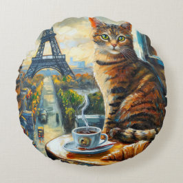 A Morning in Paris | Tabby Cat at a Cafe Rund Kudde