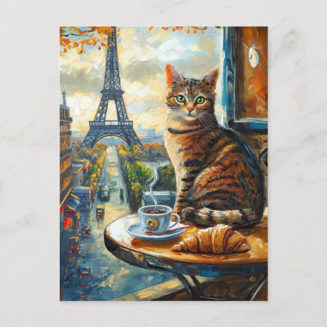 A Morning in Paris | Tabby Cat at a Cafe Vykort (Framsida)