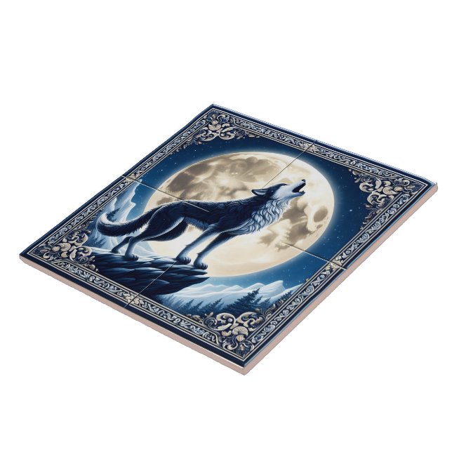 A Mystical Wolf Howls at the Moonlit Night Sky Kakelplatta (Sidan)
