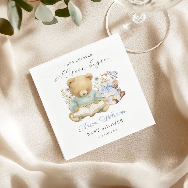 A New Chapter Begin Bear Book Baby Shower Napkin Pappersservett (A new chapter will soon begin Bear books baby shower napkin)