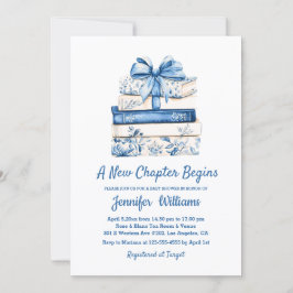 a new chapter begins blue bow books baby shower  inbjudningar