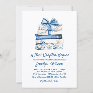 a new chapter begins blue bow books baby shower  inbjudningar