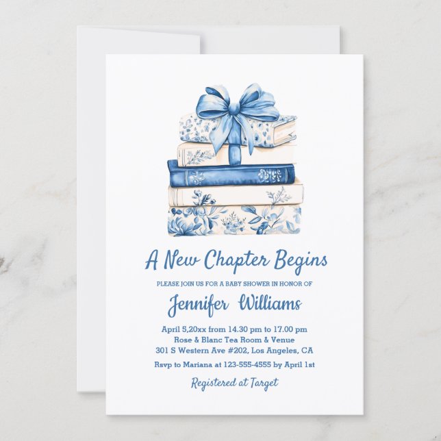 a new chapter begins blue bow books baby shower  inbjudningar (Framsida)