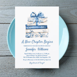 a new chapter begins blue bow books baby shower  inbjudningar