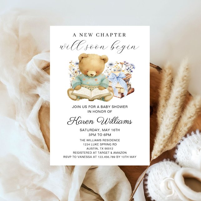 A New Chapter Begins Boy Bear Books Baby Shower Inbjudningar (A new chapter will soon begin Boy bear books baby shower invitation)