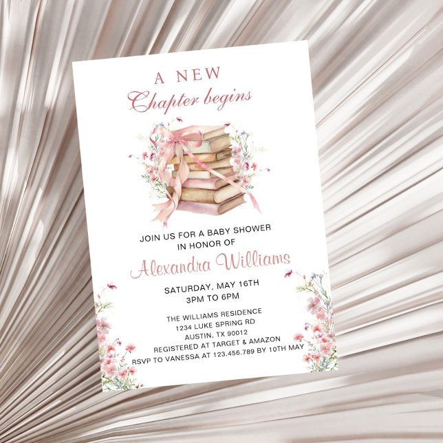 A New Chapter Begins Coquette Books Baby Shower Inbjudningar (A New Chapter Begin Pink Coquette Bow Baby Shower Invitation)