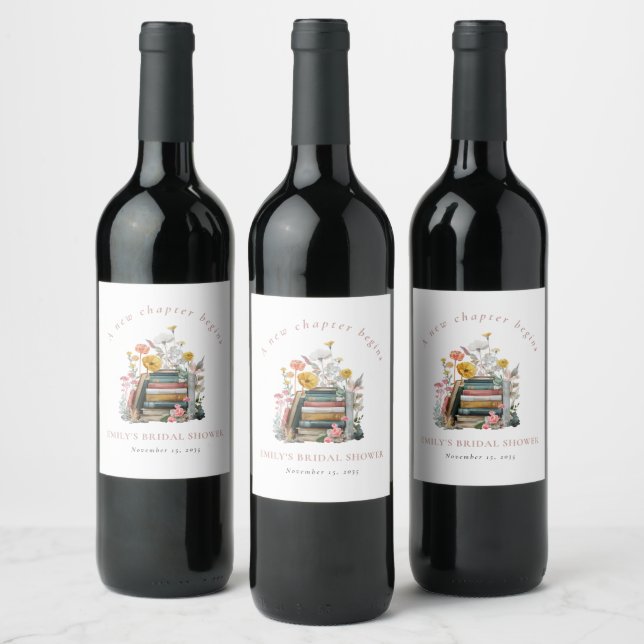 A New Chapter Begins Floral Books Bridal Shower Vinflaska Etikett (Flaskor)