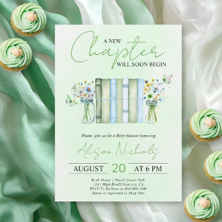 A New Chapter Begins neutral green baby shower Inbjudningar