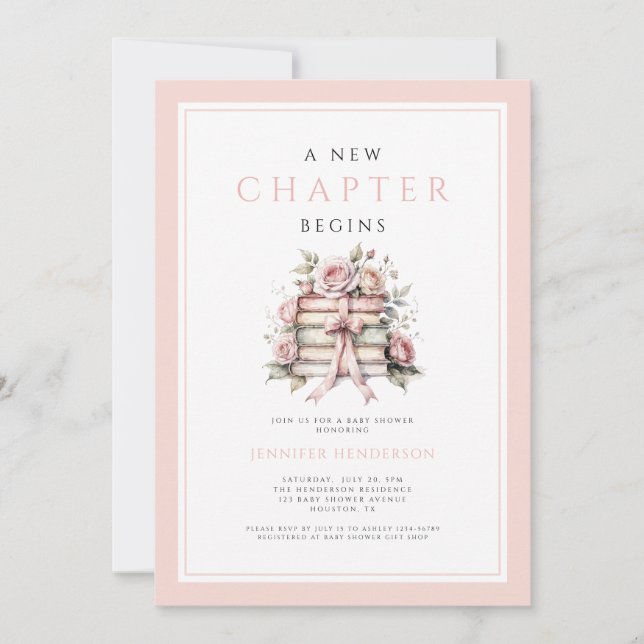 A New Chapter Begins Pink Bow Books Baby Shower Inbjudningar (Framsida)