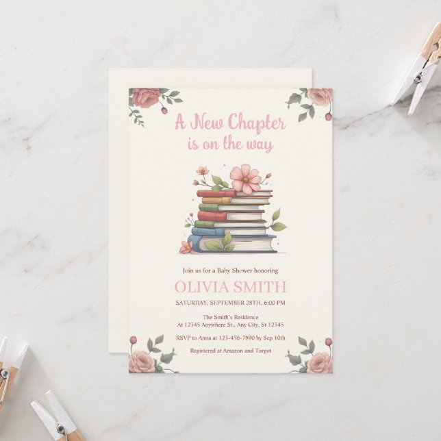 A New Chapter is On The Way, Books, Pink Flowers Inbjudningar (Fram/Back In Situ)