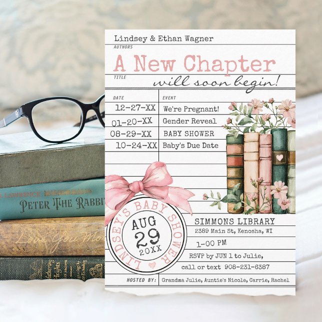 A New Chapter Library Card Books Pink Baby Shower Inbjudningar (A New Chapter floral books wildflower pink bows library card cute modern baby girl shower invitation)
