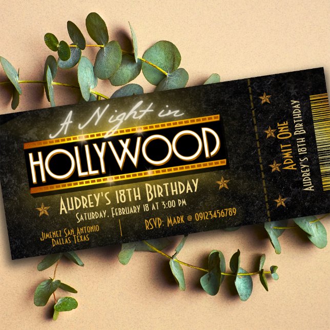 A Night in Hollywood Biljett Inbjudningar (Hollywood Party Ticket Invitation)