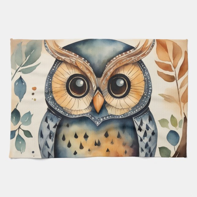 A owl that has a primitive touch Kitchen Towels Kökshandduk (Horisontell)