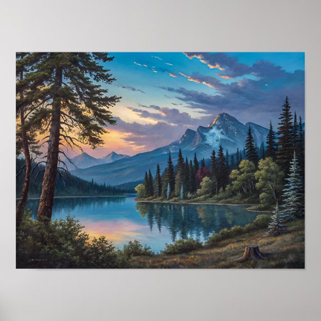 A painting of a mountain lake and trees in evening poster (Framsidan)