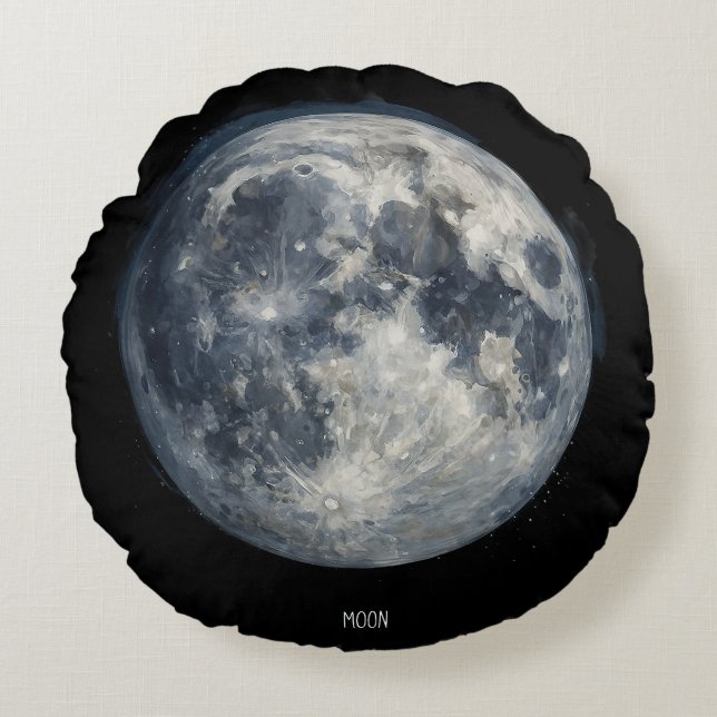A painting of the moon in a space rund kudde (Framsidan)