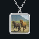 A Pair of Brown Islands Ponies Silverpläterat Halsband<br><div class="desc">En fullkomligt söt och vacker fotografering av 2 iselandiska ponnyer som kör längs en smuts väg. Den ena är ett segment och den andra är kastanjens färgad. Deras vackra maner blåser i vinden. Ett vackert bergslandskap kan ses i bakgrunden och tillför en känsla av till denna bild. Gäller hästälskare och...</div>