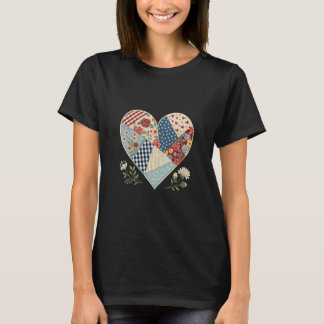 A patchwork-style heart in different floral fabric t shirt