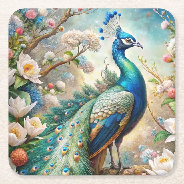 A Peacock Underlägg Papper Kvadrat (Framsidan)