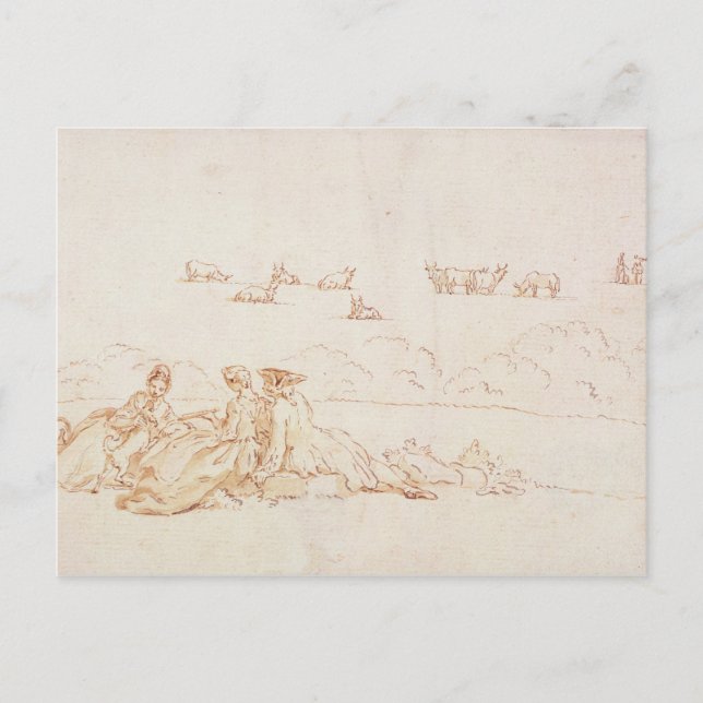 A Picnic: Två Dam och en gentleman (brun tvätta w Vykort (Framsida)