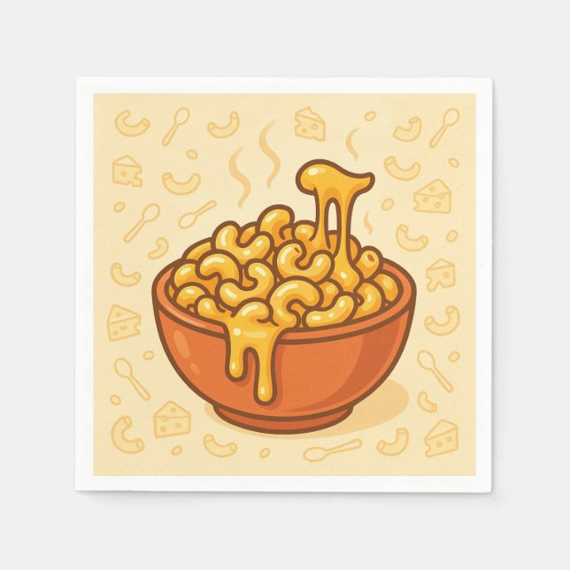 A playful, illustration of Mac and Cheese Pappersservett (Framsidan)