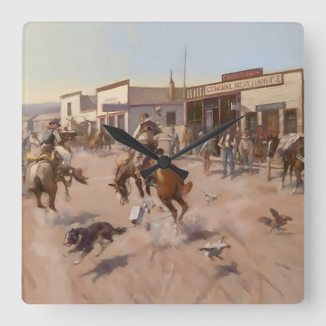 "A Quiet Day in Utica" av Charles M Russell Fyrkantig Klocka (Framsida)