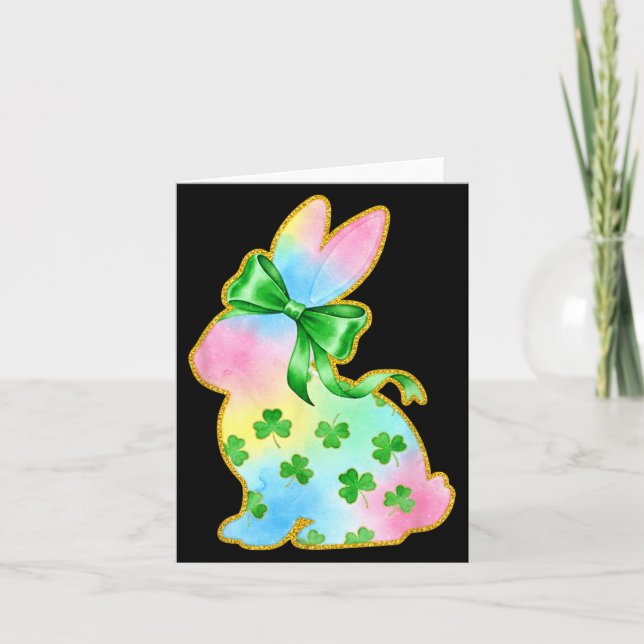 A Rainbow Rabbit With Green Bow And Shamrock St Pa Kort (Framsida)