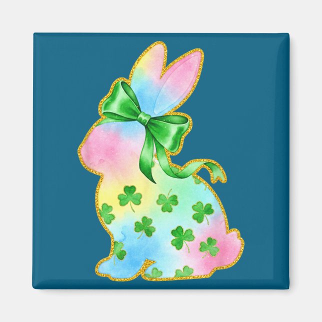 A Rainbow Rabbit With Green Bow And Shamrock St Pa Magnet (Framsidan)