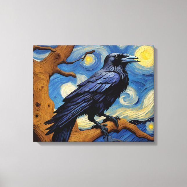 A Raven i en gammal Oak Träd Starry Natt Canvastryck (Framsida)