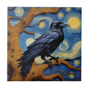 A Raven i en gammal Oak Träd Starry Natt Kakelplatta