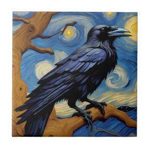 A Raven i en gammal Oak Träd Starry Natt Kakelplatta