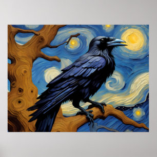 A Raven i en gammal Oak Träd Starry Natt Poster