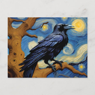 A Raven i en gammal Oak Träd Starry Natt Vykort