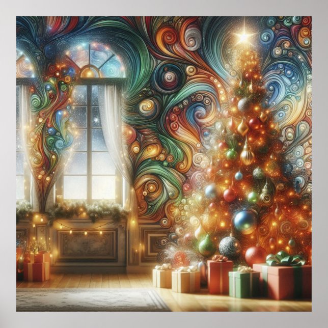 A Retro Style Christmas Tree With Presents on Wall Poster (Framsidan)