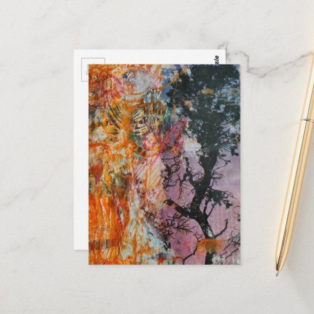 A Retro Tree Mixed Media Collage  Vykort (Fram/Back In Situ)